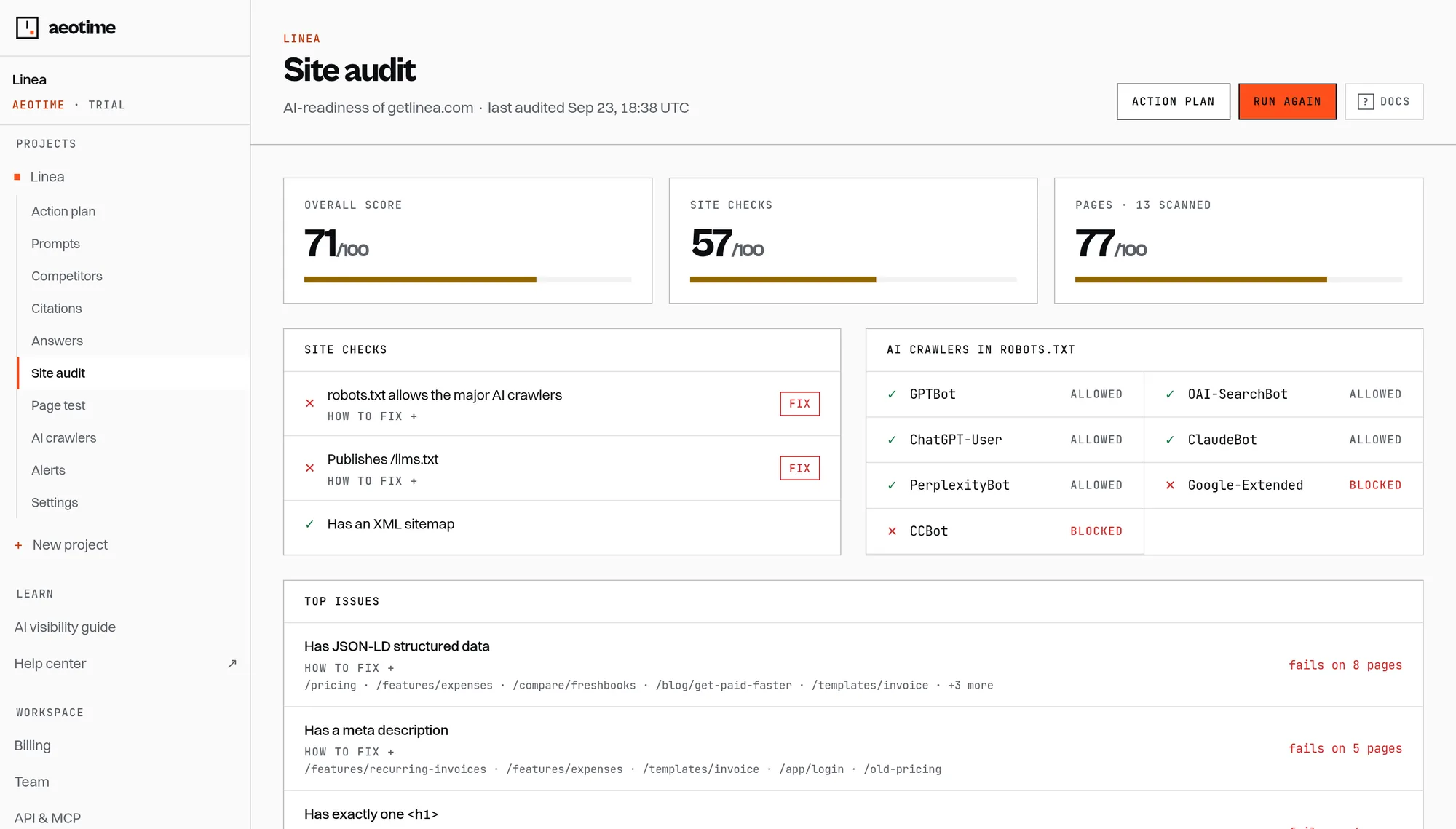 AI site audit in the aeotime app